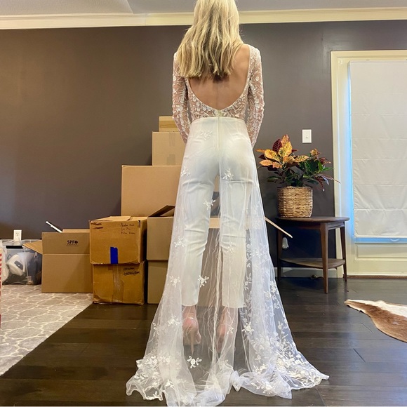 White Bridal Jumpsuit with Lace Train - Picture 2 of 10